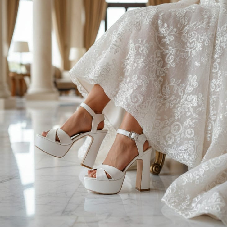 White lace wedding dress with high-heeled Wedding shoes