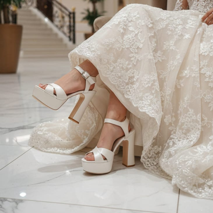 Comfortable Wedding bridal Pearl White leather Sandals  platform Heel Beirut 12cm 13cm