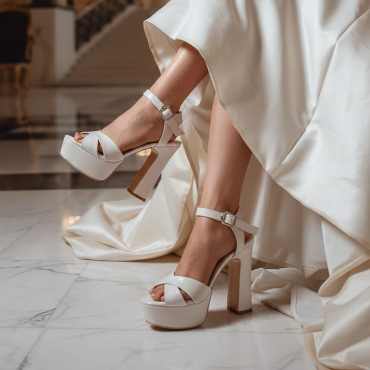 Comfortable Wedding bridal Pearl White leather Sandals  platform Heel Beirut 12cm 13cm