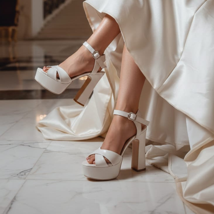 White Bridal Wedding high-heeled shoes worn by a bride