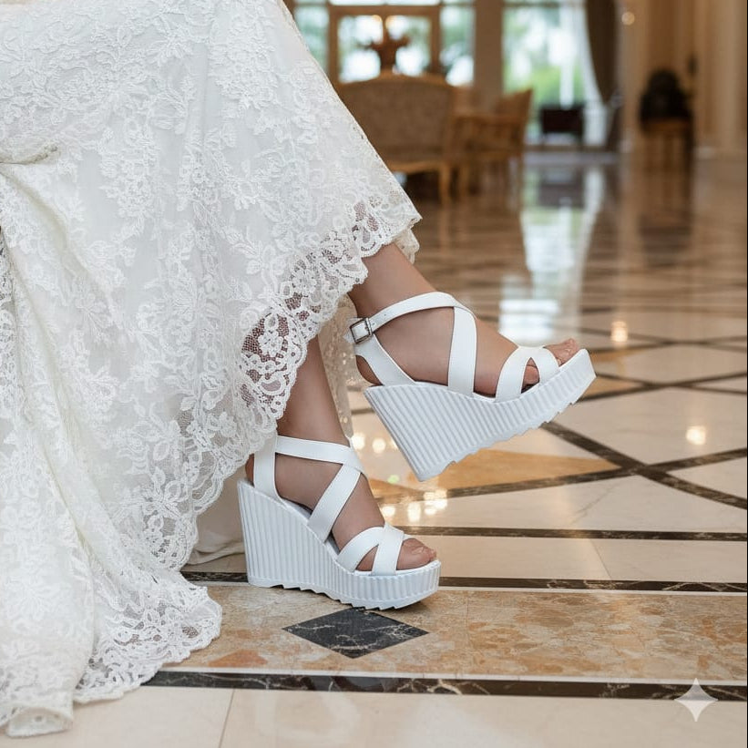 Bride wearing a white lace dress and Bridal white wedge sandals in an elegant indoor setting.