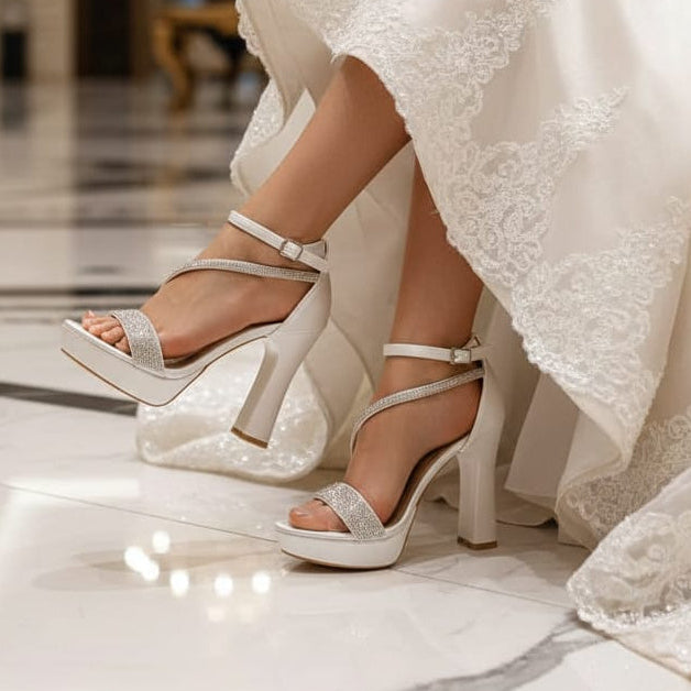 White wedding dress and shoes on a marble floor with blurred background