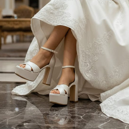 Person in a white wedding dress sitting on a chair in an elegant room.