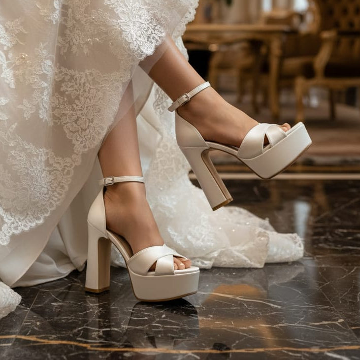Bride in a white lace dress and platform shoes in an elegant indoor setting.