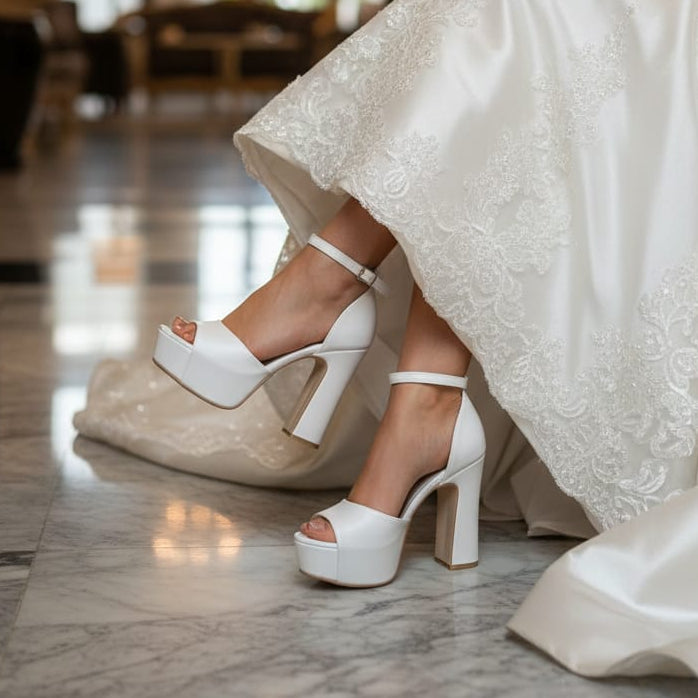 White wedding shoes worn by a bride in an elegant indoor setting.