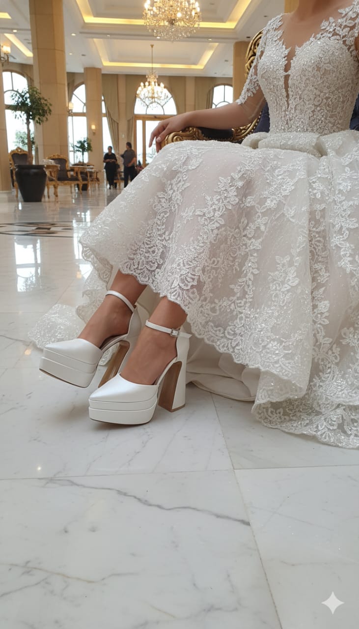 White lace wedding dress with platform high heels on a marble floor.