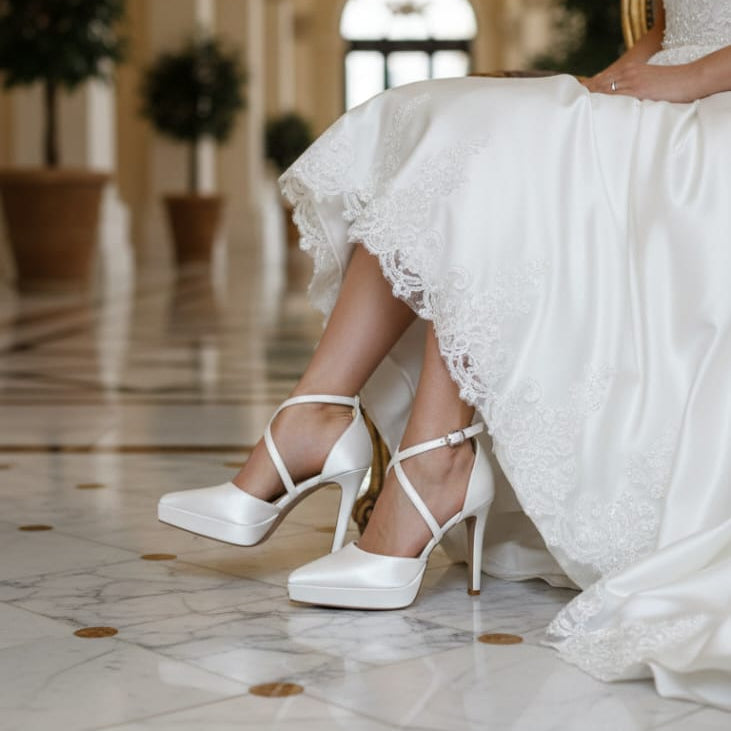 White high-heeled shoes worn with a white dress in an elegant indoor setting.