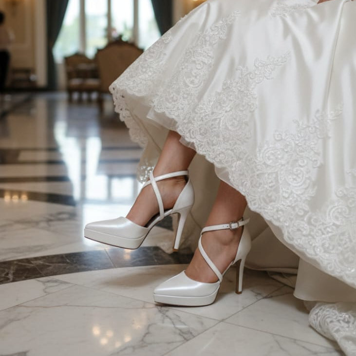 White wedding shoes worn with a lace wedding dress in an elegant indoor setting.