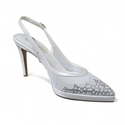 White high-heeled shoe with crystal embellishments on a white background