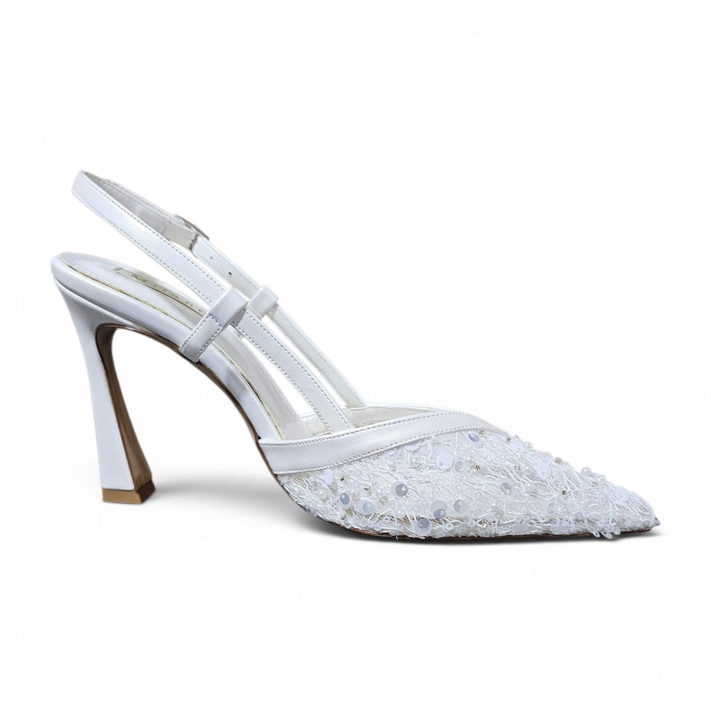 White lace high-heeled shoe on a white background