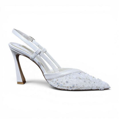 White lace high-heeled shoe on a white background