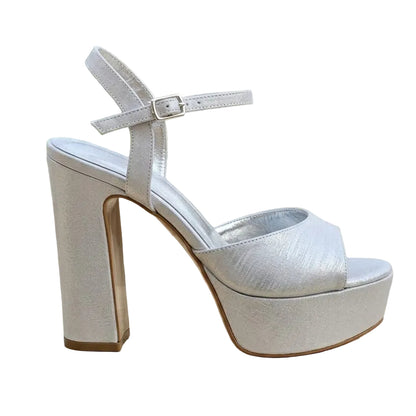 A single satin  silver platform sandal with a high block heel and ankle strap
