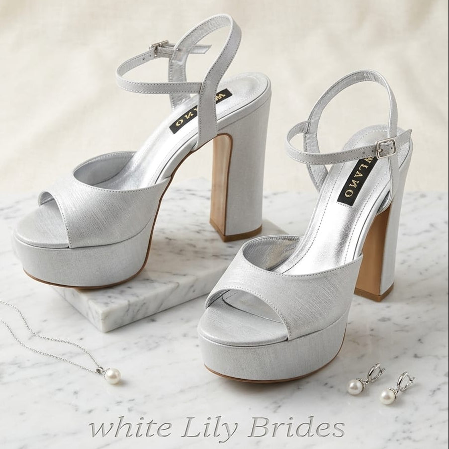 12 cm Silver Satin Block high Heel Double Semelle Sandal M12US