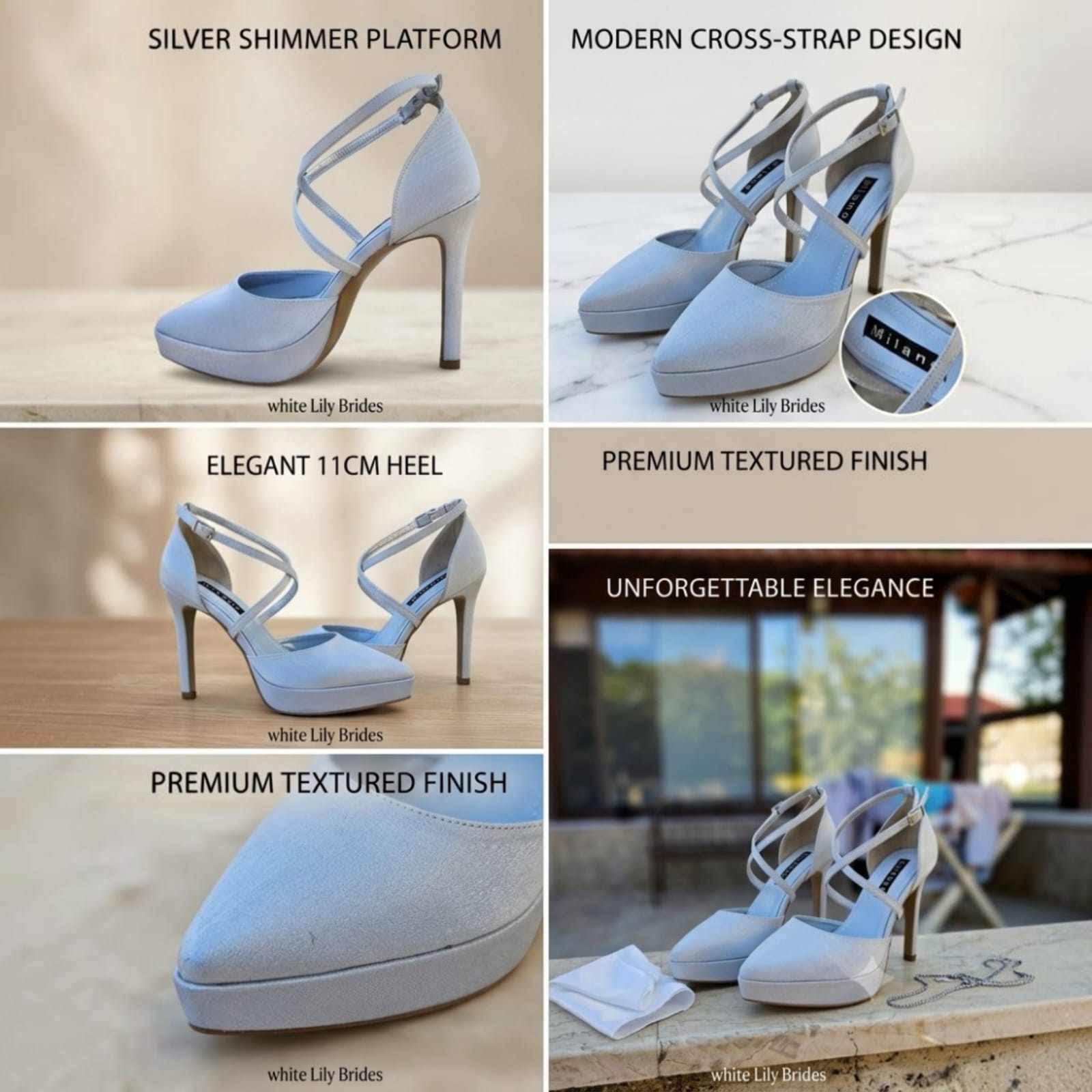 A 5-panel collage showcasing a light blue platform high-heeled pump from White Lily Brides. The panels highlight key features including the silver shimmer platform, modern cross-strap design, elegant 11cm heel, premium textured finish, and overall elegant look, with some panels showing the shoes on a marble surface and one on a wooden deck.