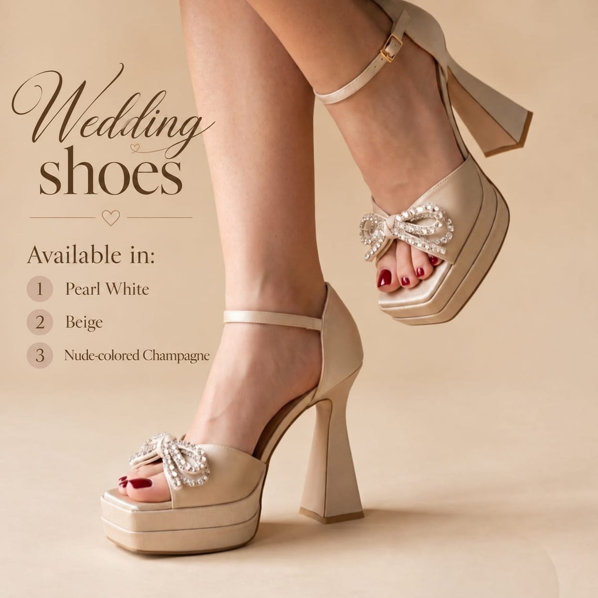A pair of women's platform high-heel wedding shoes shown on a model's feet against a warm beige studio background. The shoes are nude champagne beige with a decorative jeweled bow on the toe and an ankle strap.