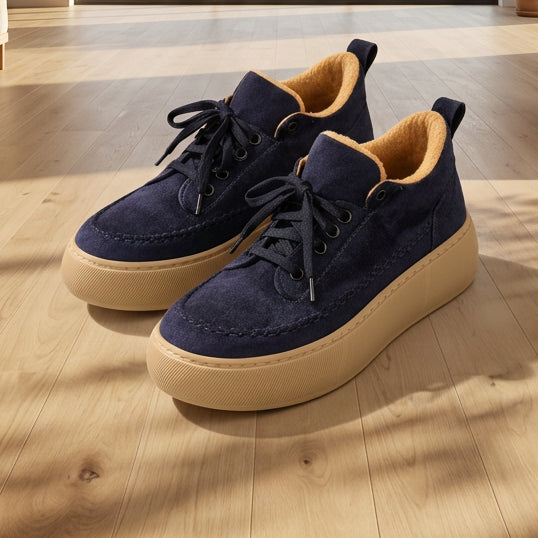 Navy Blue Fur-Lined Platform Sneakers – Women's Casual Winter Shoes SNB