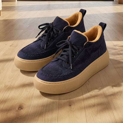 Navy Blue Fur-Lined Platform Sneakers – Women's Casual Winter Shoes SNB