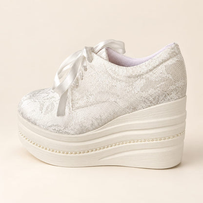 +9-10 cm Bridal Platform Sneakers Wedge Rock with Fault Pearl | Wedding Shoes R10P