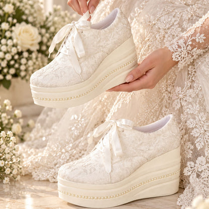 +9-10 cm Bridal Platform Sneakers Wedge Rock with Fault Pearl | Wedding Shoes R10P
