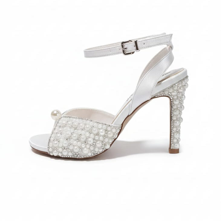 White  bridal stiletto heels with luxury pearl and crystal embellishments on the toe and heel. Beirut Lebanon