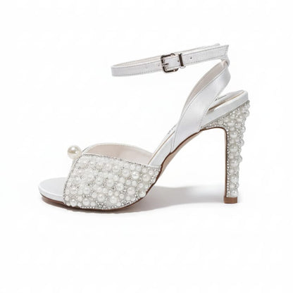 White  bridal stiletto heels with luxury pearl and crystal embellishments on the toe and heel. Beirut Lebanon