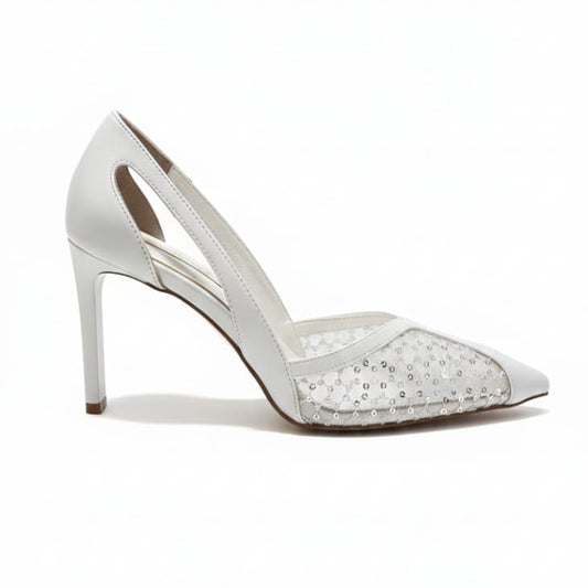 White high-heeled bridal shoe with embellishments on a white background