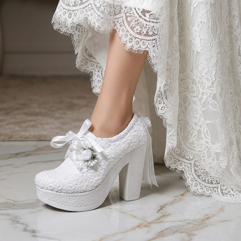 White lace bridal high-heeled shoes with decorative elements on a marble floor.