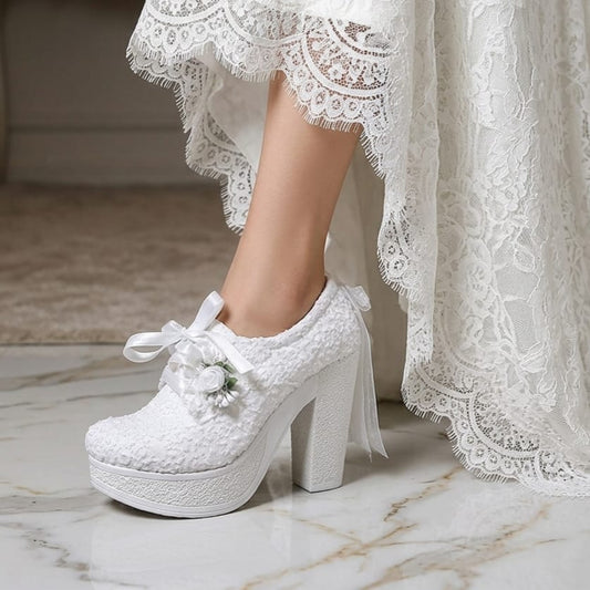 White lace bridal high-heeled shoes with decorative elements on a marble floor.
