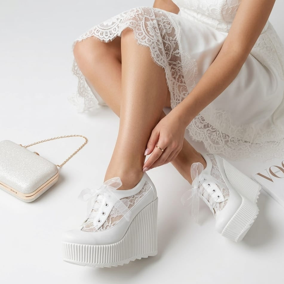 White lace platform Bridal Sneakers shoes worn with a white dress on Beirut Lebanon