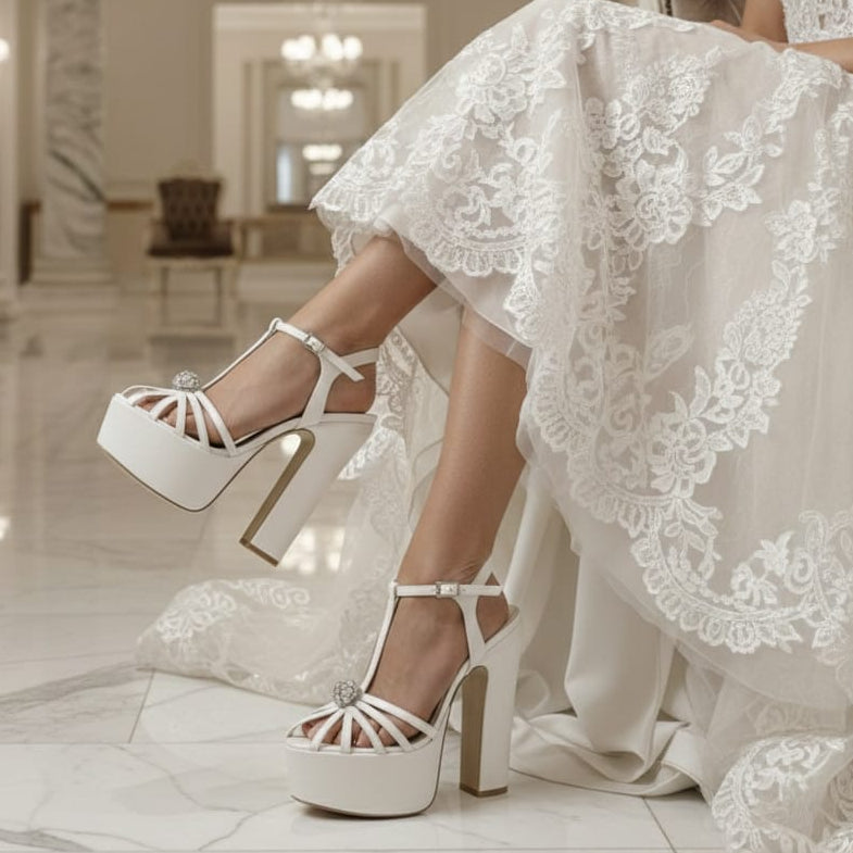 White lace wedding dress with high-heeled bridal shoes in a elegant interior setting in Lebanon