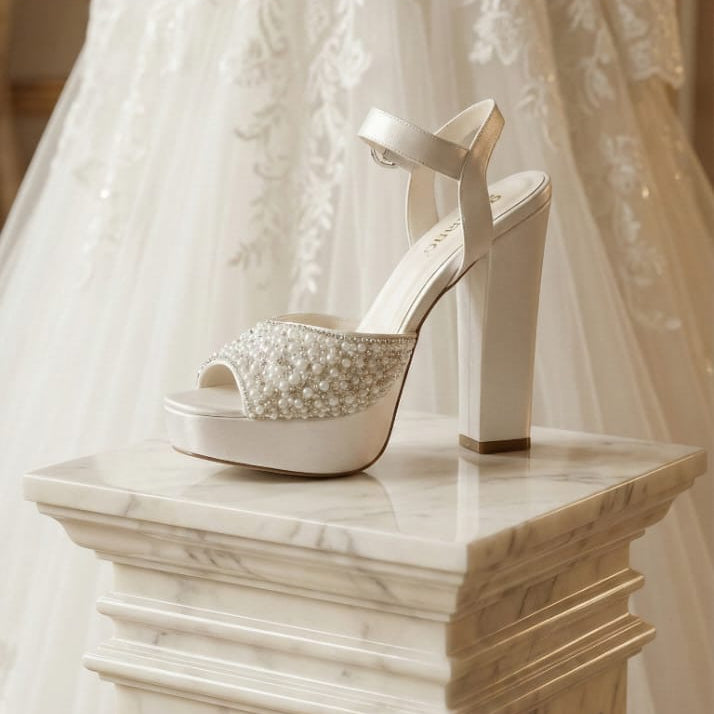 White wedding shoe with embellishments on a marble pedestal in front of a white wedding dress.