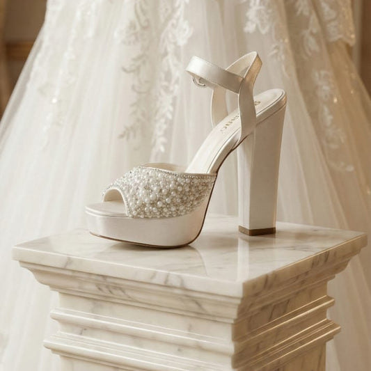 White wedding shoe with embellishments on a marble pedestal in front of a white wedding dress.