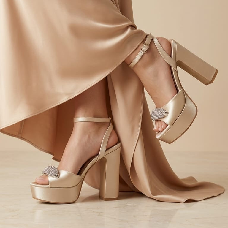A pair of nude satin champagne platform sandals with block heels and rhinestone-embellished toe caps, shown on a model wearing a matching satin dress against a beige background.