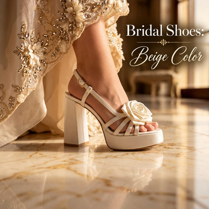 A close-up of a woman's foot wearing a beige bridal sandal with a block heel, strappy design, and a large fabric rose on the toe, standing on a polished marble floor. The dress hem is visible on the left, and the text 'Bridal Shoes: Beige Color' appears on the right.