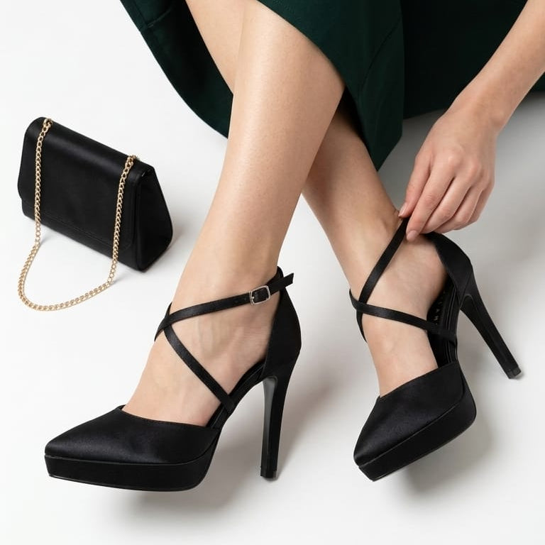 A woman wearing a dark green midi dress and black platform high-heel pumps with ankle straps, seated on a white floor. A small black handbag with a gold chain is placed beside her.
