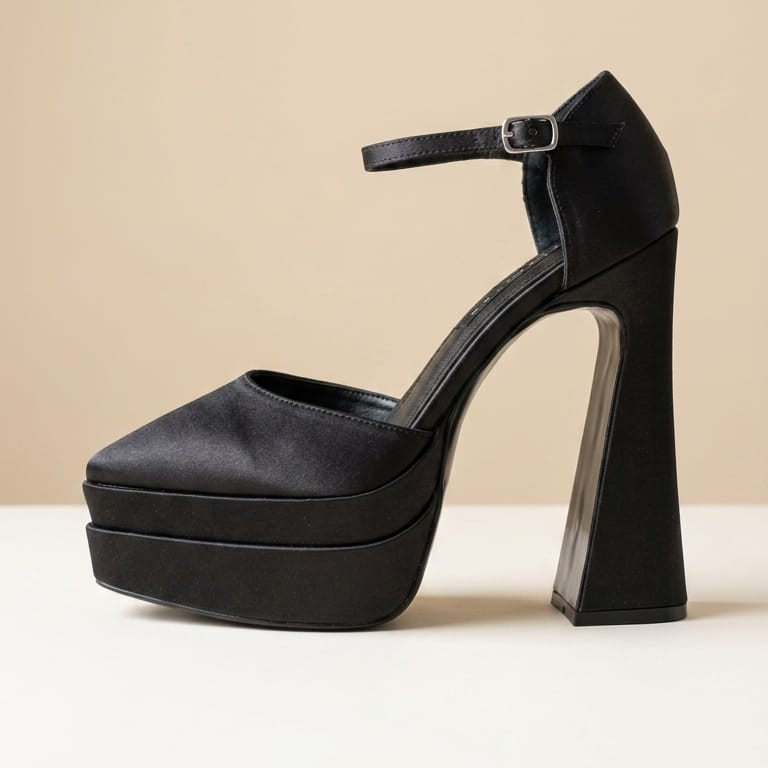 A single black platform high-heeled shoe with an ankle strap and block heel, photographed on a clean beige studio background.