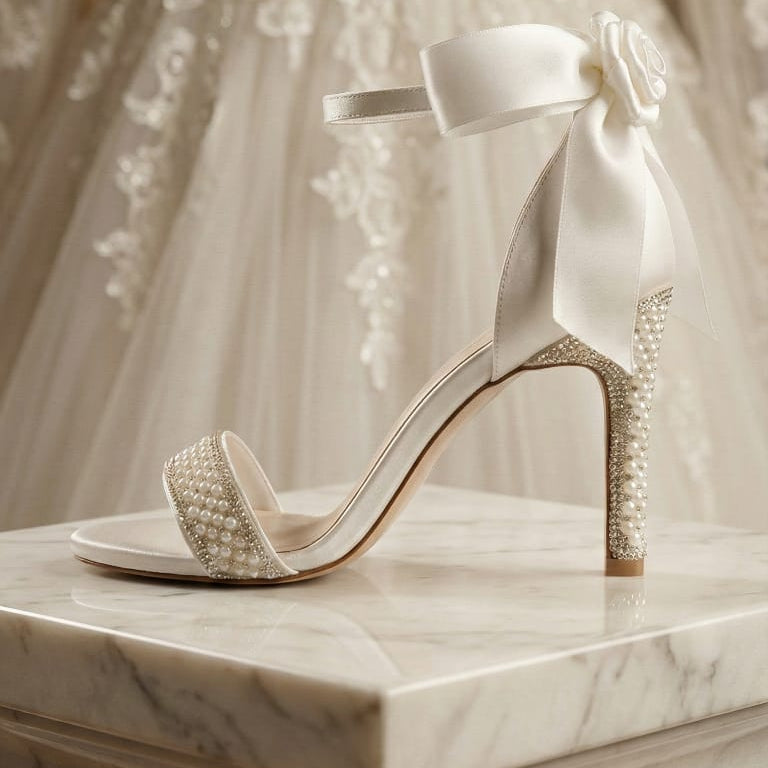 A bridal high-heeled sandal with a large satin bow and pearl-embellished strap, displayed on a marble pedestal in front of a wedding dress.