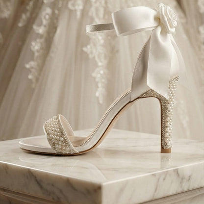 A bridal high-heeled sandal with a large satin bow and pearl-embellished strap, displayed on a marble pedestal in front of a wedding dress.
