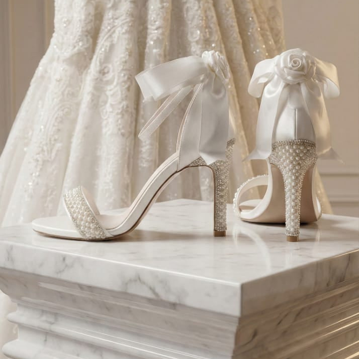 A pair of bridal high-heeled sandals with white satin bows and pearl embellishments, displayed on a white marble pedestal in front of a white lace wedding dress.