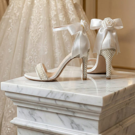 A pair of bridal satin high-heel sandals with ankle straps and bow details, displayed on a white marble pedestal with a white lace wedding gown in the background.