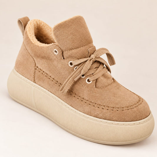 Women's camel beige fur-lined platform sneakers with suede-look upper, chunky cream sole and lace-up design – White Lily Brides.