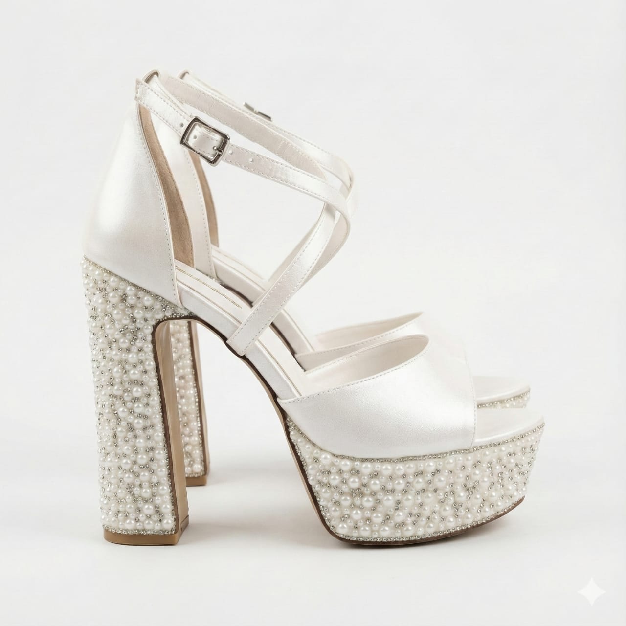 15 cm Comfortable high-platform bridal heels with secure ankle straps and pearl-embellished block heels.