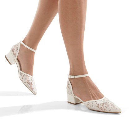 comfortable Luxury designer wedding Low Heel Block shoes showcased on marble, highlighting premium lace craftsmanship and elegant side profile.