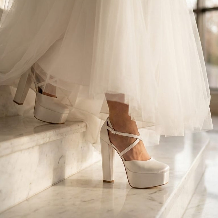 Extra high double platform wedding shoes in pearl white, designed for maximum height and a dramatic bridal look.