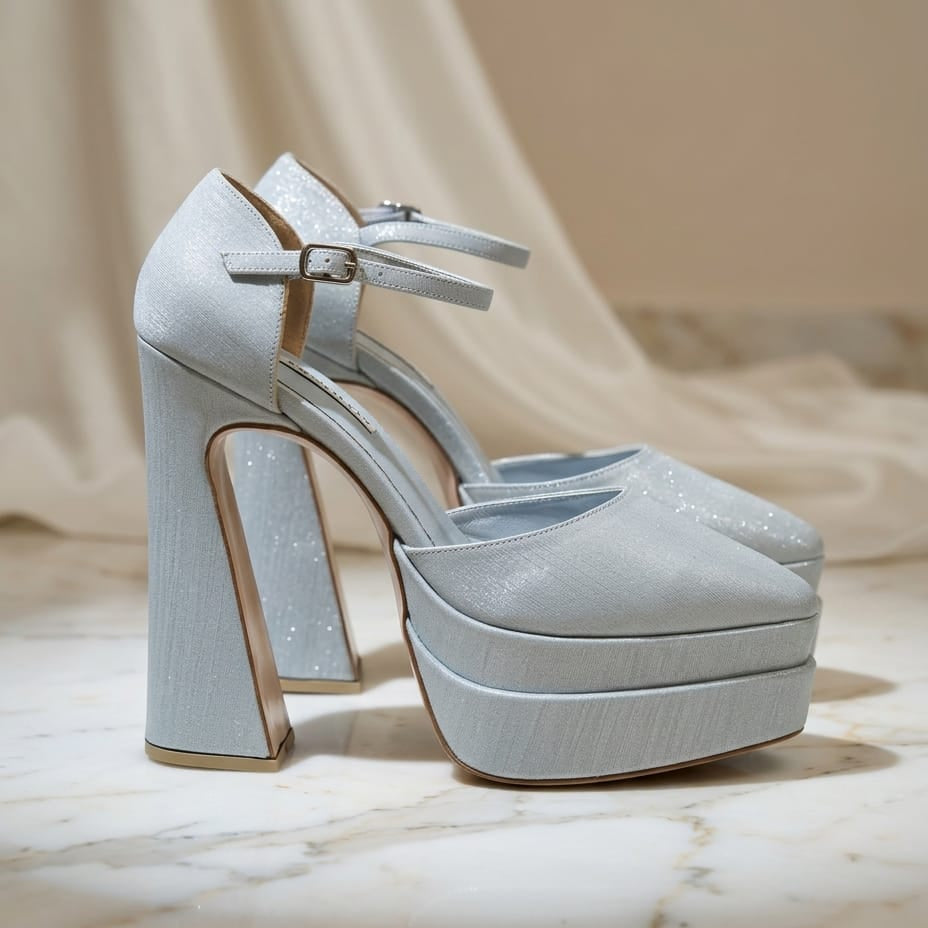 A pair of high-heeled platform sandals in a pale Silver Satin glitter fabric, featuring ankle straps with silver buckles and a chunky block heel, displayed on a marble surface with draped fabric in the background.