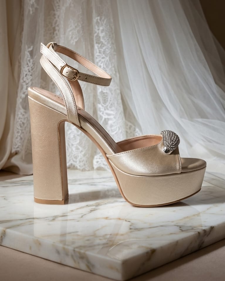 A single high-heeled platform sandal in a champagne gold satin finish, featuring a block heel, ankle strap with a gold buckle, and a decorative shell embellishment on the toe, displayed on a marble slab with white lace drapery in the background.