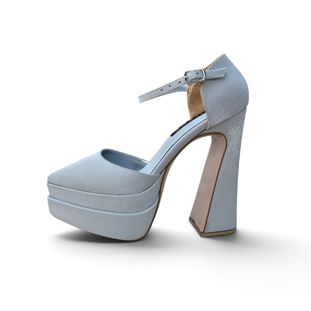 A single light Silver Satin platform high-heel shoe with an ankle strap and block heel, shown from a side profile on a white background.