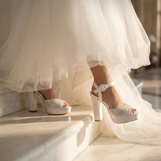 Sophisticated matte white high-block-heel bridal platforms, perfect for a luxury destination wedding.