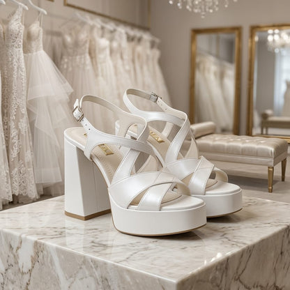 Professional editorial photography of premium white wedding platforms in a luxury Beirut bridal shop.