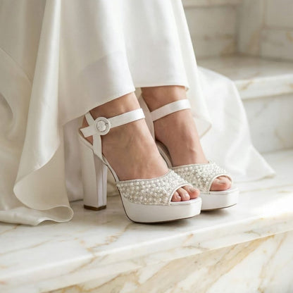 Elegant matte-finish peep-toe bridal shoes High Heel 14cm featuring a pearl cluster design and a matching round buckle.